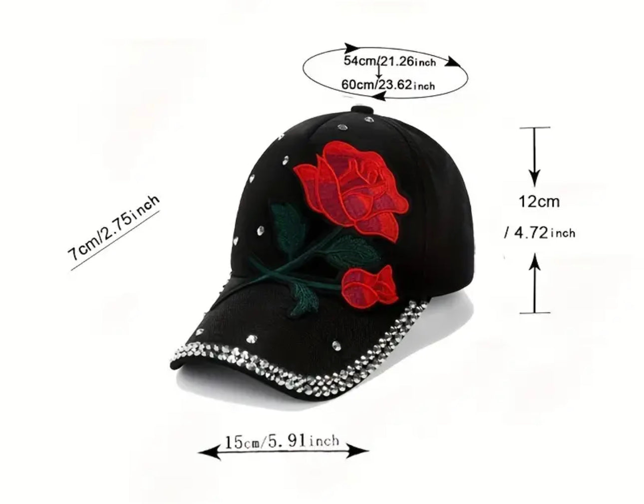 Red Rose Patch Baseball Cap Rhinestone Decor Sports Hat Lightweight Adjustab