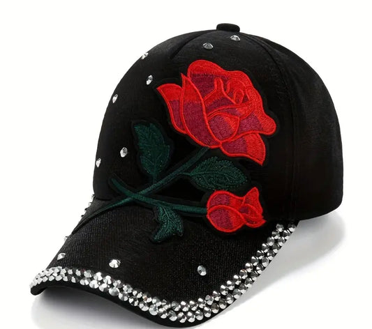 Red Rose Patch Baseball Cap Rhinestone Decor Sports Hat Lightweight Adjustab