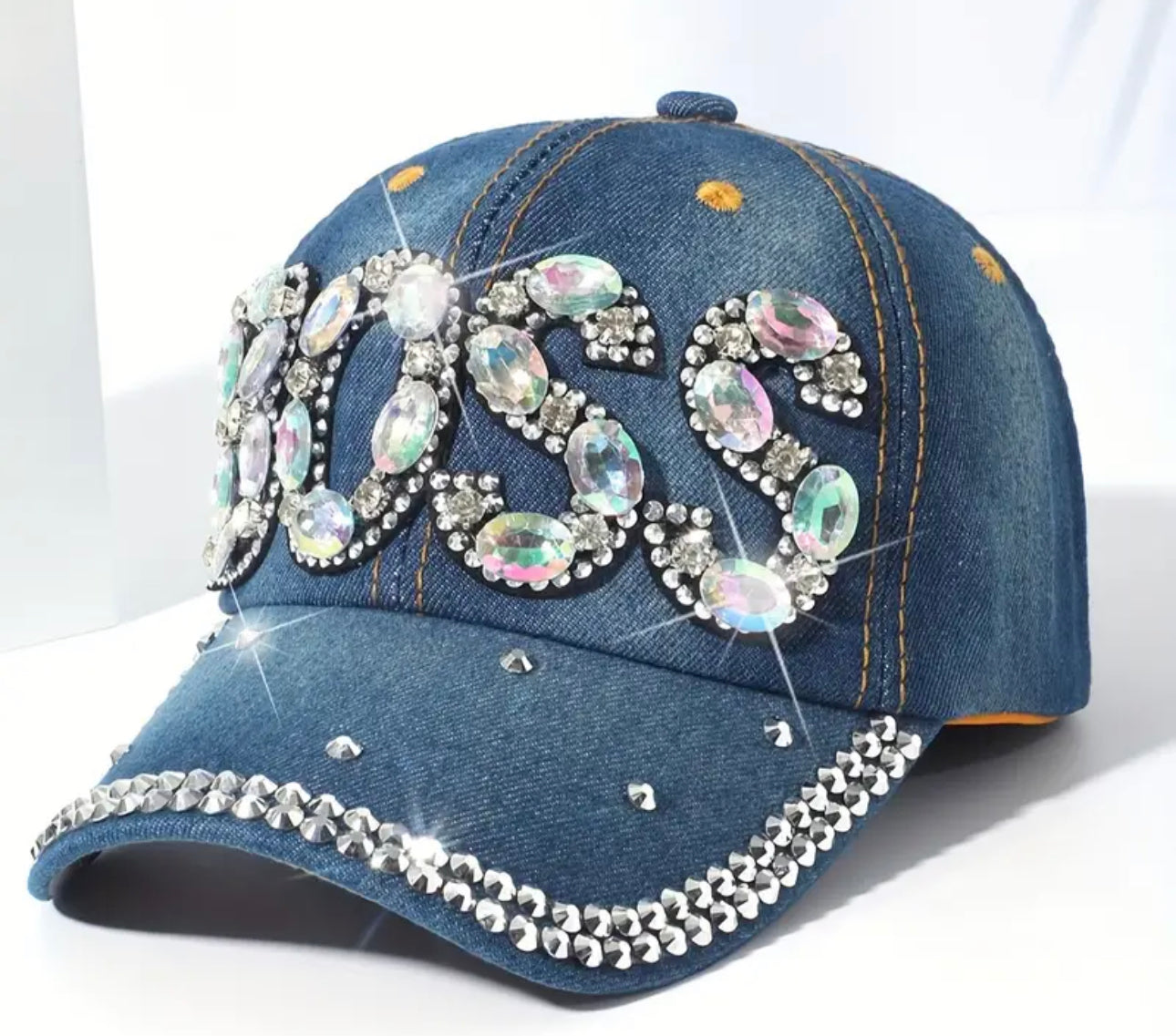 Rhinestone BOSS Graphic Baseball Cap Blue Denim Washed Distressed Sports Hat