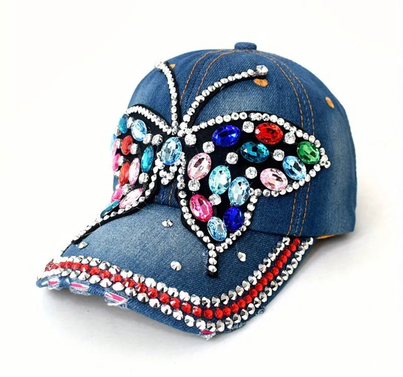 Rhinestone  Graphic Baseball Cap Blue Denim Washed Distressed Sports Hat