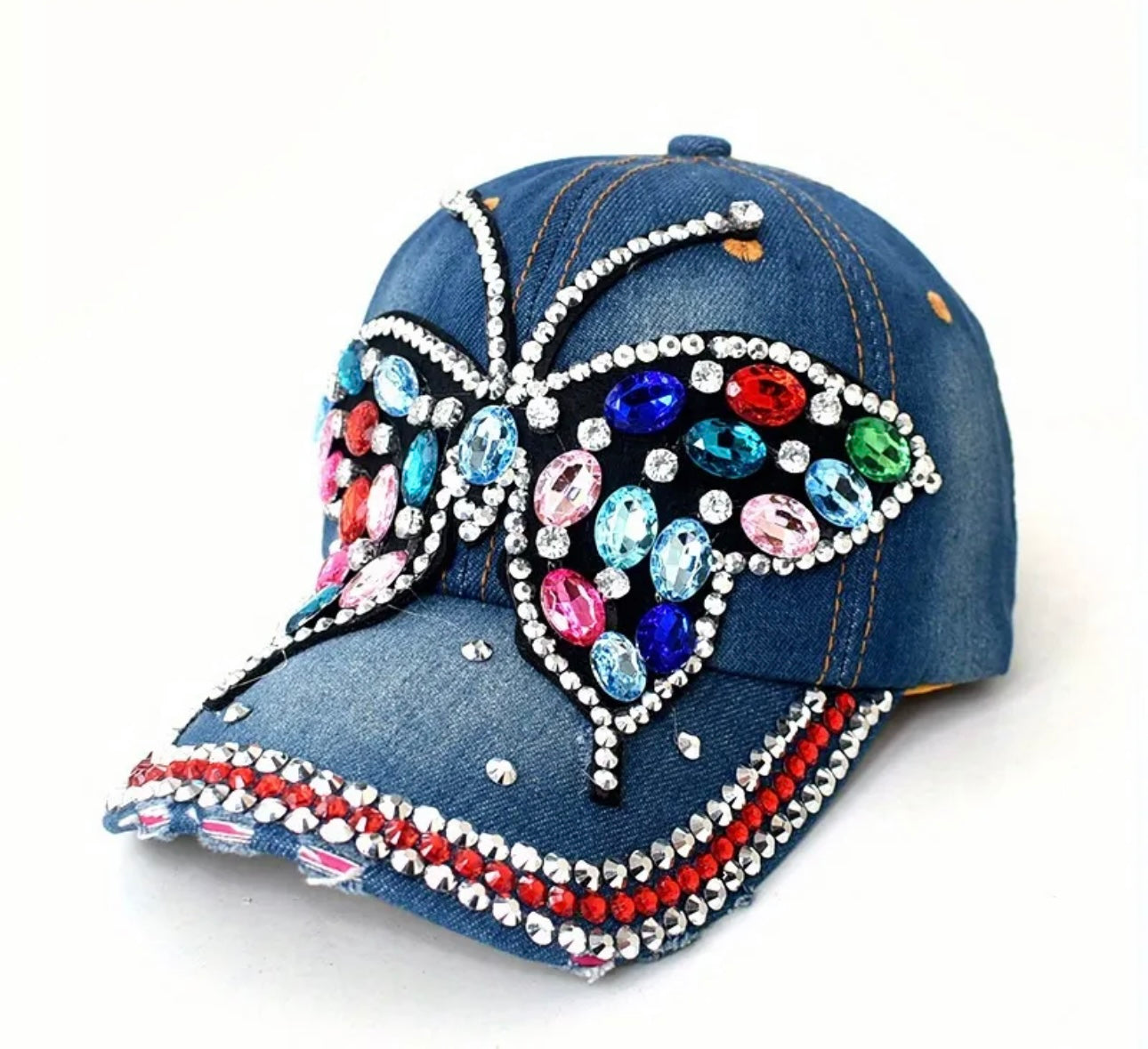 Rhinestone  Graphic Baseball Cap Blue Denim Washed Distressed Sports Hat