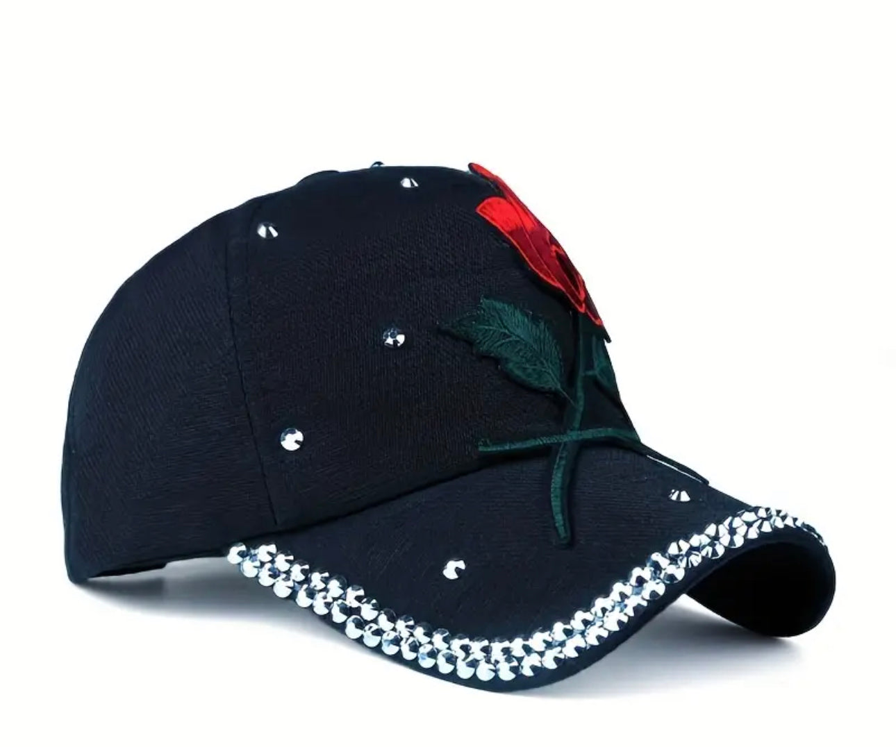 Red Rose Patch Baseball Cap Rhinestone Decor Sports Hat Lightweight Adjustab