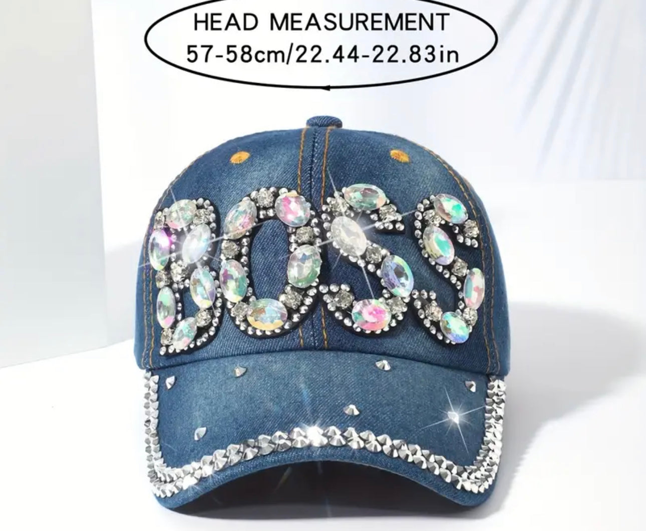 Rhinestone BOSS Graphic Baseball Cap Blue Denim Washed Distressed Sports Hat