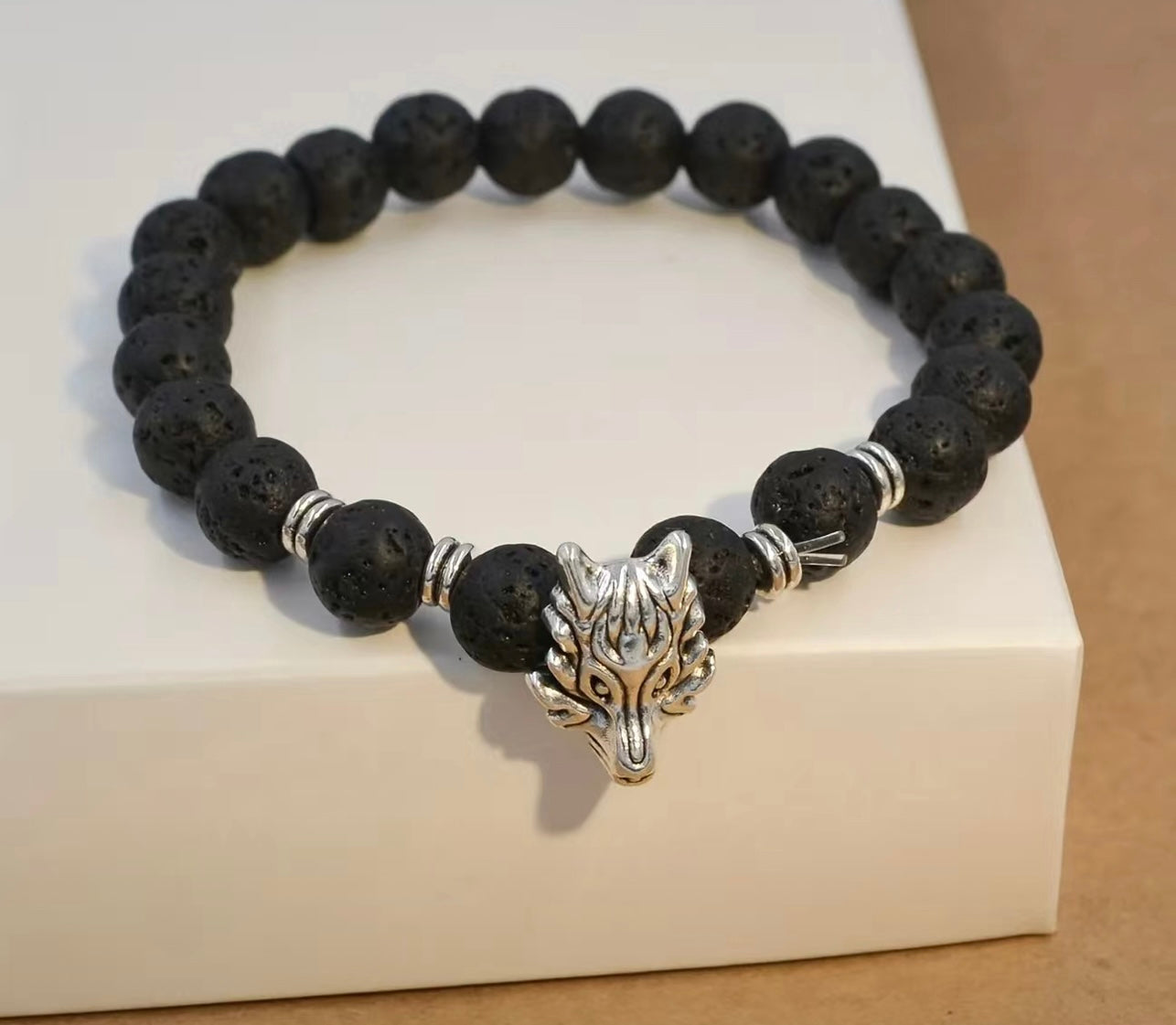 Mens Bracelet wolf head lava beads