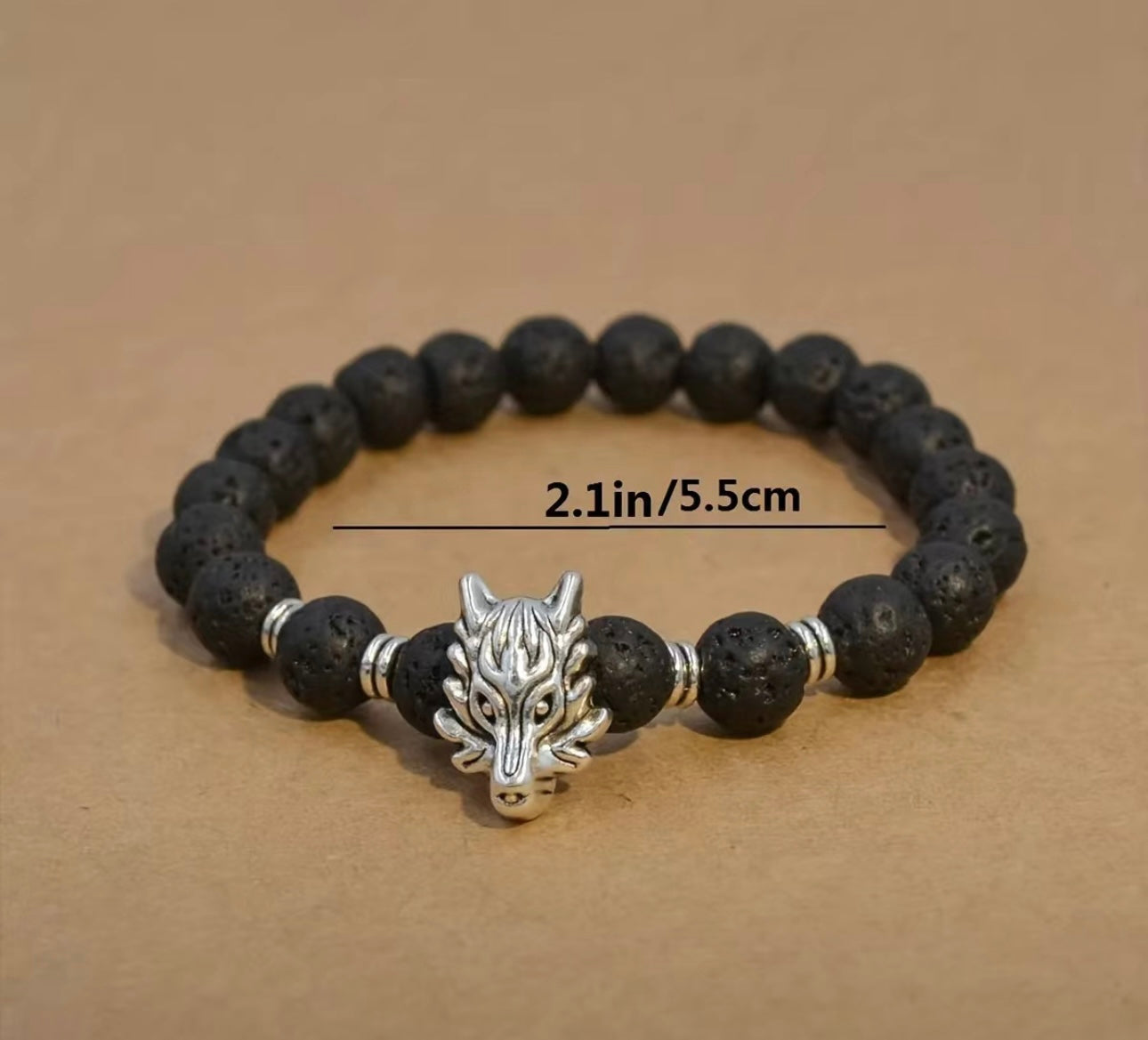 Mens Bracelet wolf head lava beads