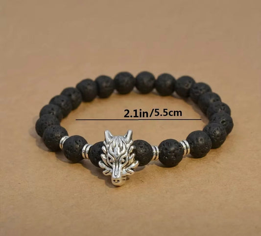 Mens Bracelet wolf head lava beads