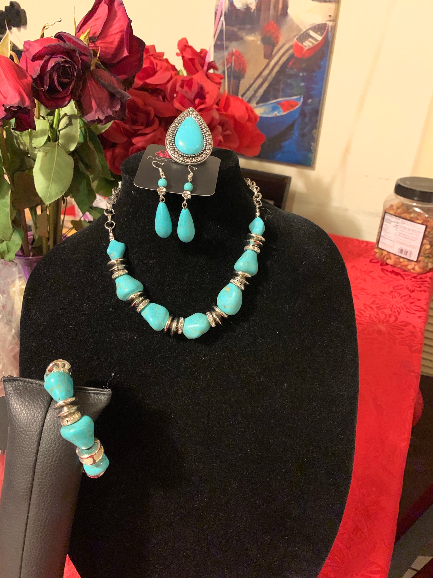 4pc set color blue; includes: necklace, bracelet, earrings and ring