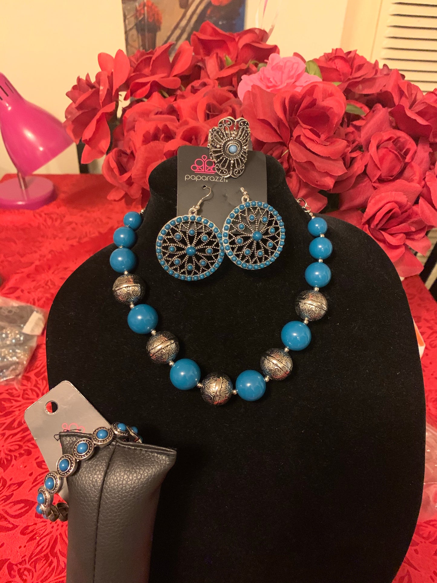 4pc set color blue; includes: necklace, bracelet, earrings and ring