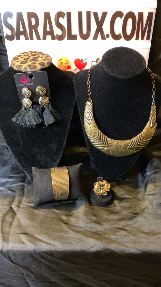 Paparazzi 4pc set color brass; includes: necklace, bracelet, earrings and ring