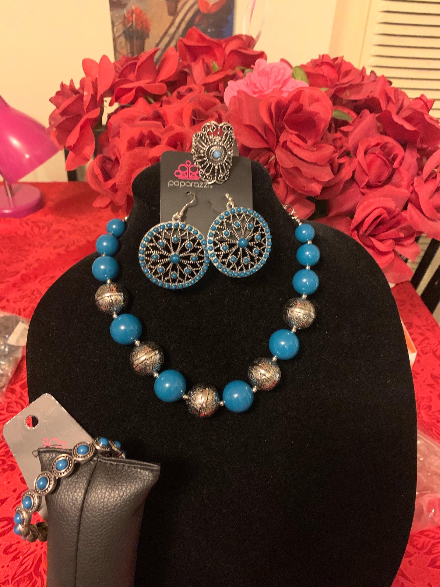 4pc set color blue; includes: necklace, bracelet, earrings and ring