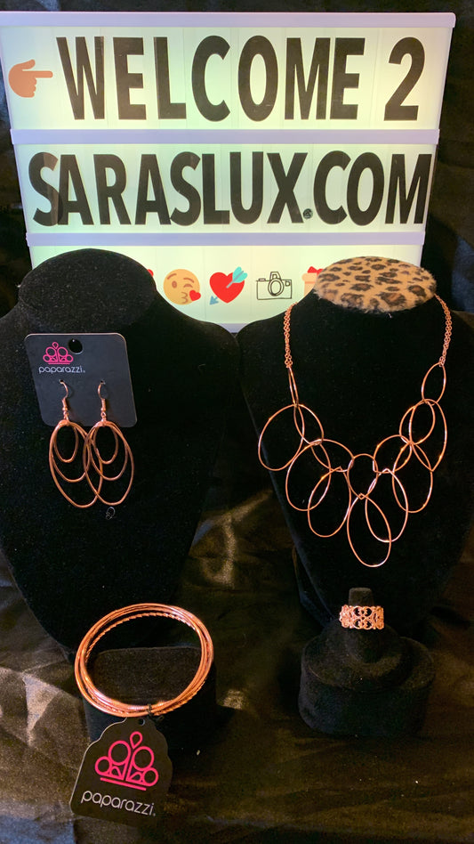 Paparazzi 4pc set color copper ; includes: necklace, earrings, bracelet and ring