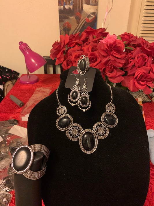 4pc set color Black; includes: necklace, bracelet, earrings and ring