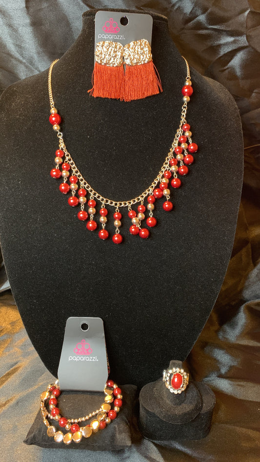 Paparazzi 4pc set color red; includes: necklace, bracelet, earrings and ring