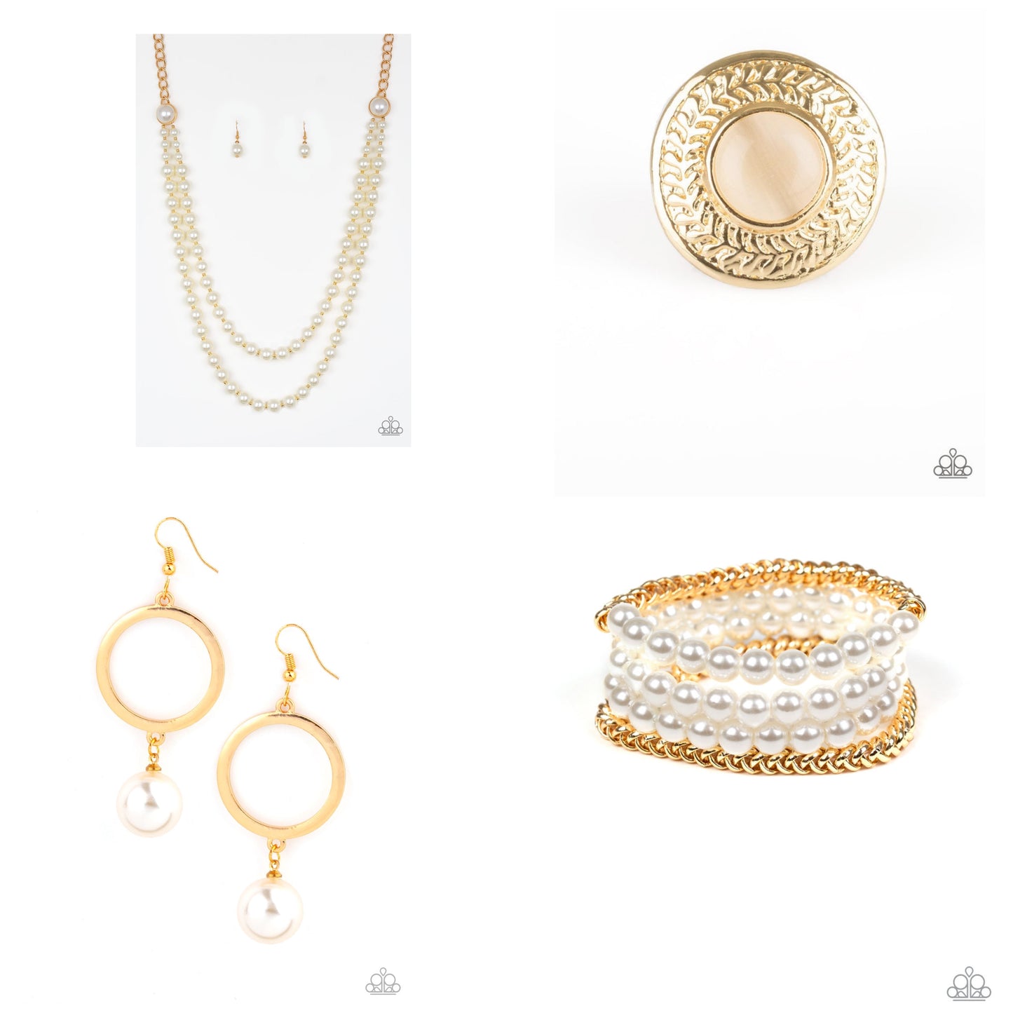 4pc set color GOLD with White pearls includes: necklace, bracelet, earrings and ring