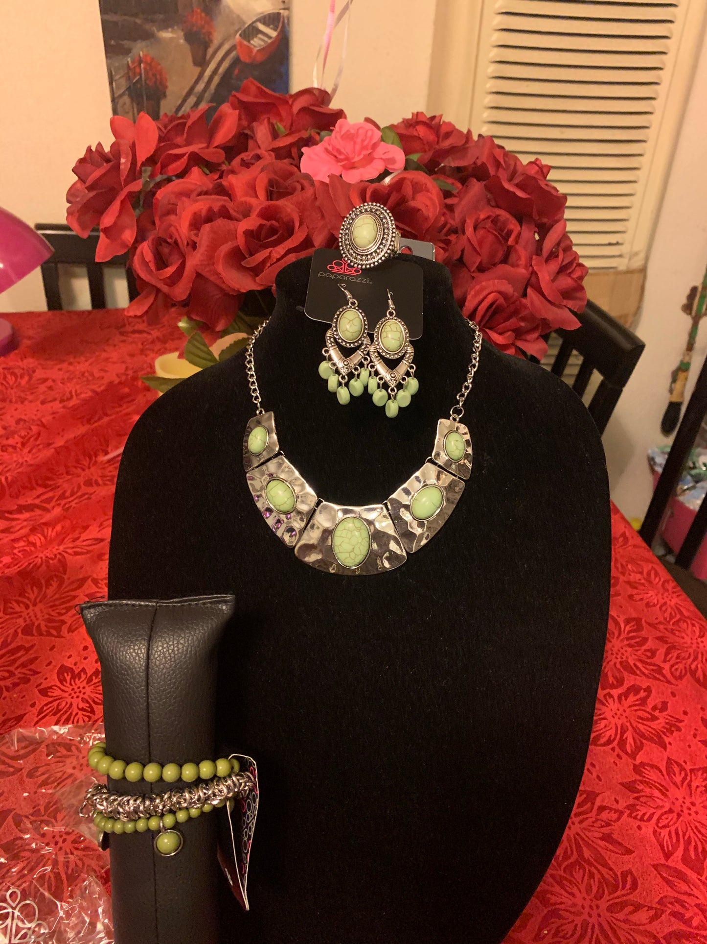 4pc set color Green; includes: necklace, bracelet, earrings and ring