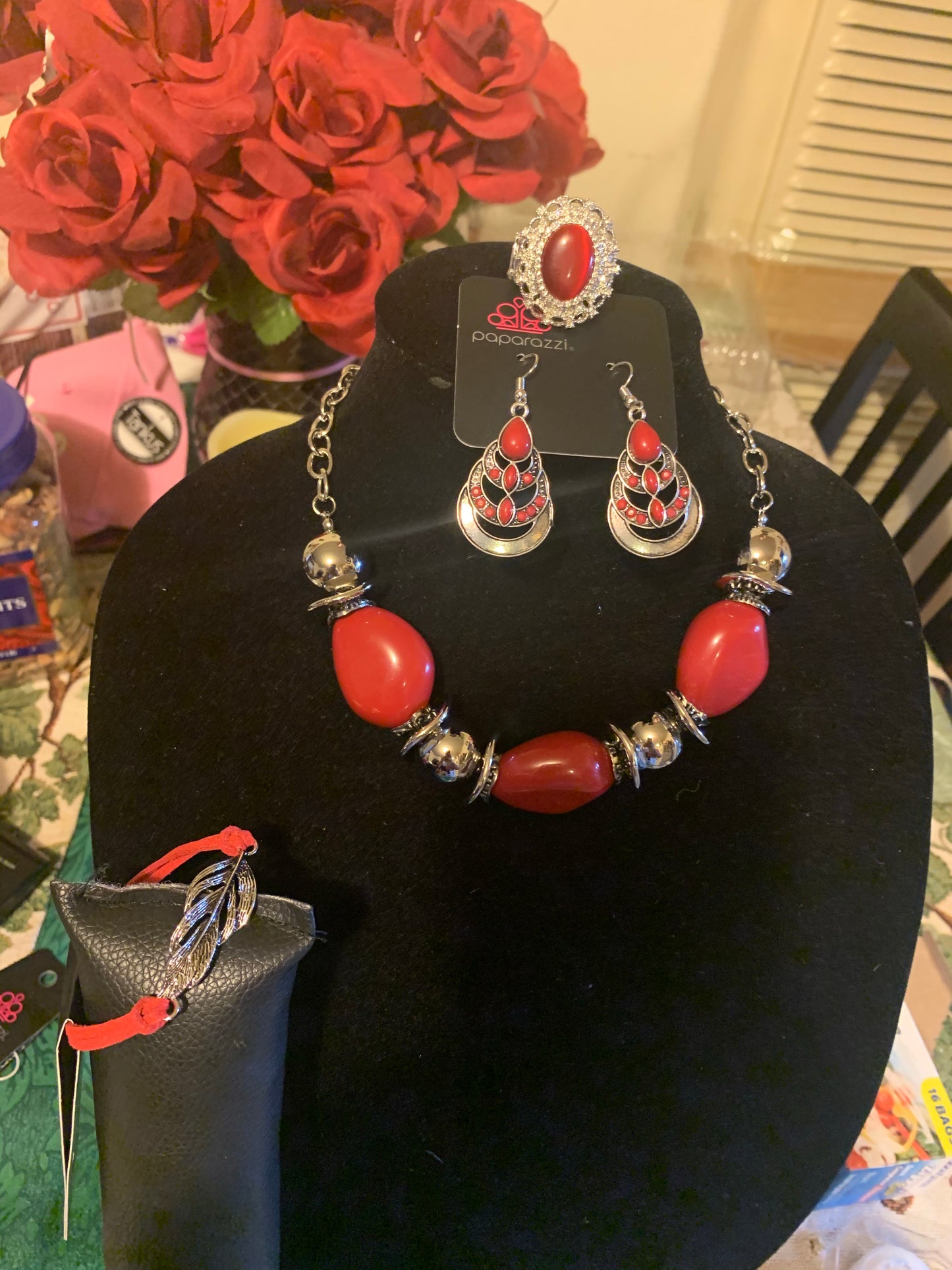 4pc set color red; includes: necklace, bracelet, earrings and ring