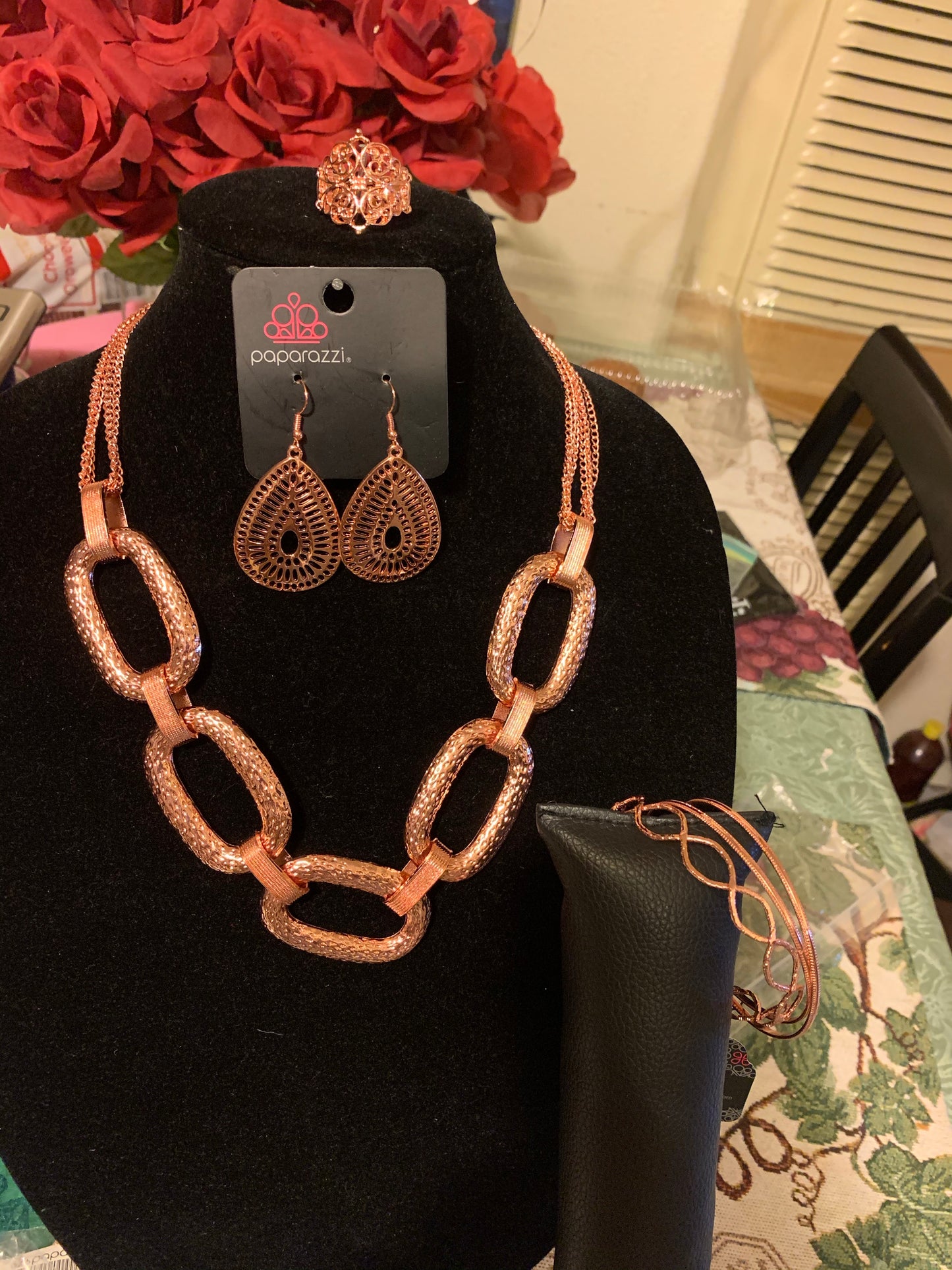 4pc set color copper: necklace, earrings, ring and bracelet