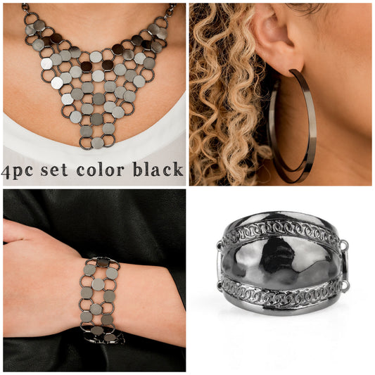 4pc set color black : necklace, earrings, ring and bracelet