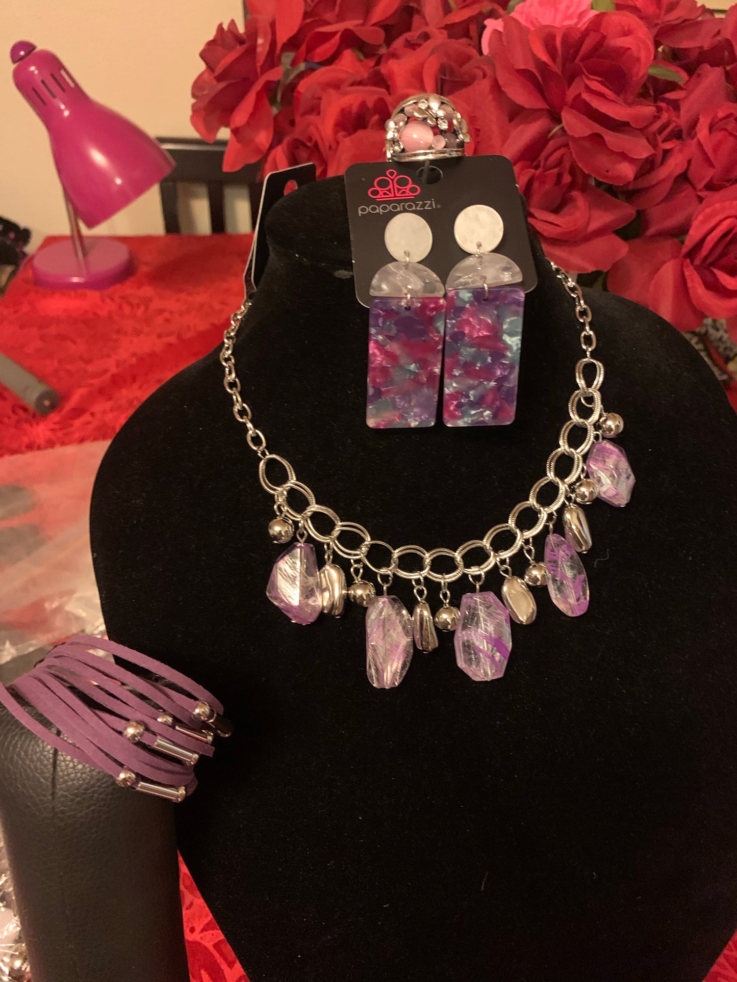 4pc set color purple ; includes: necklace, bracelet, earrings and ring