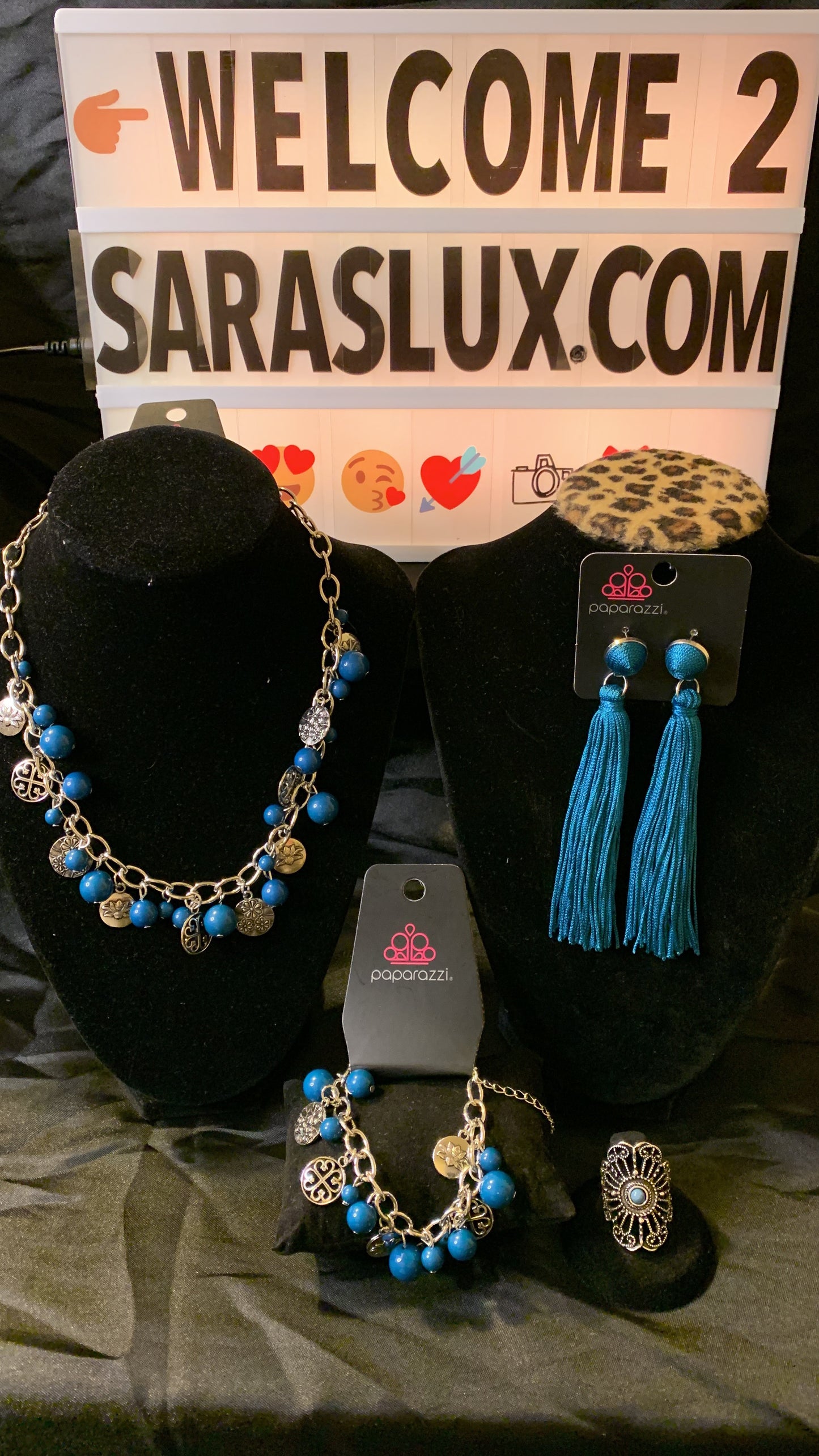 Paparazzi 4pc set color blue; includes: necklace, bracelet, earrings and ring