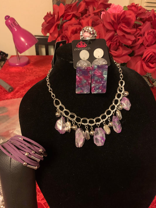 4pc set color purple ; includes: necklace, bracelet, earrings and ring