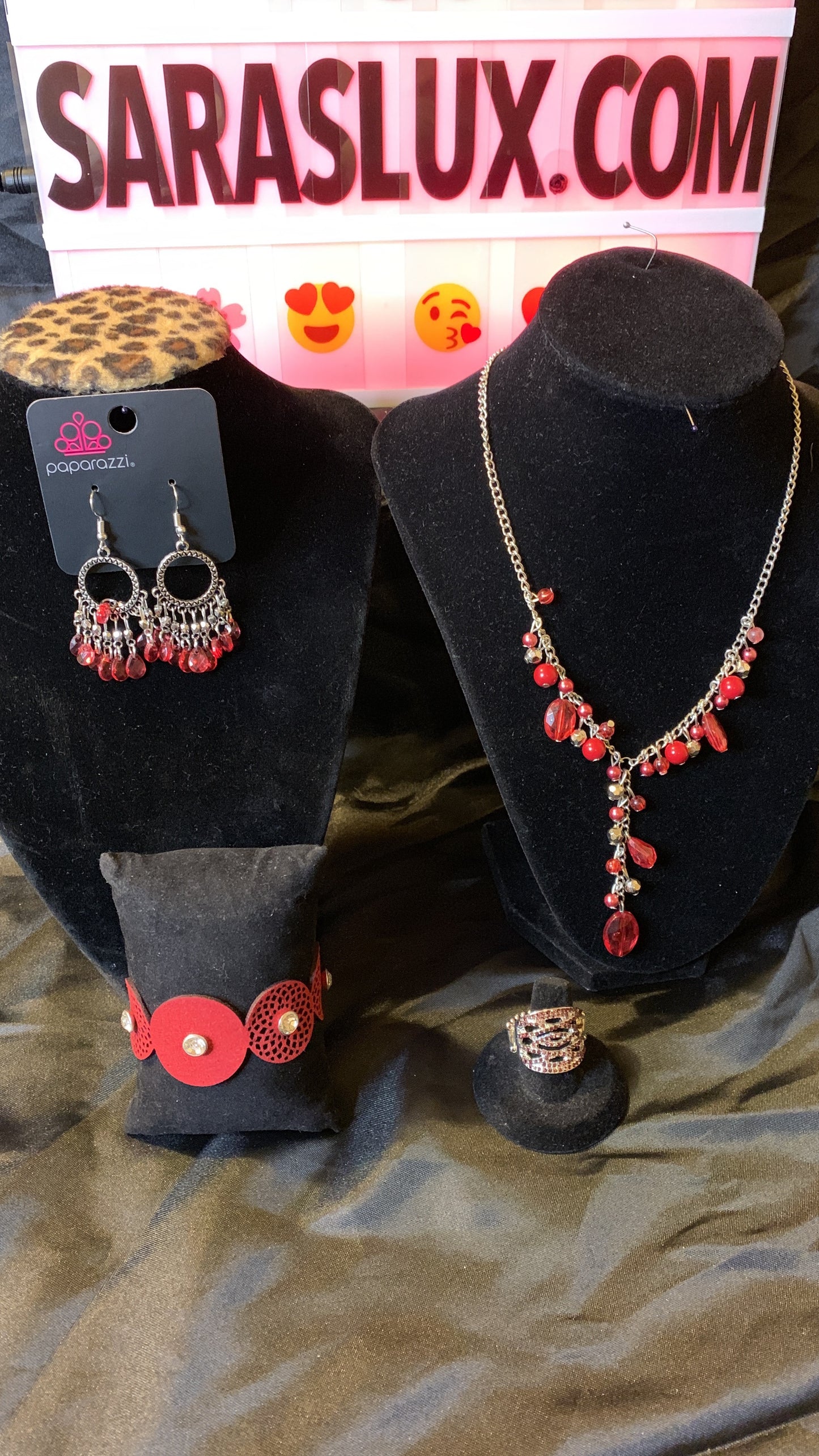 4pc set color red; includes: necklace, bracelet, earrings and ring