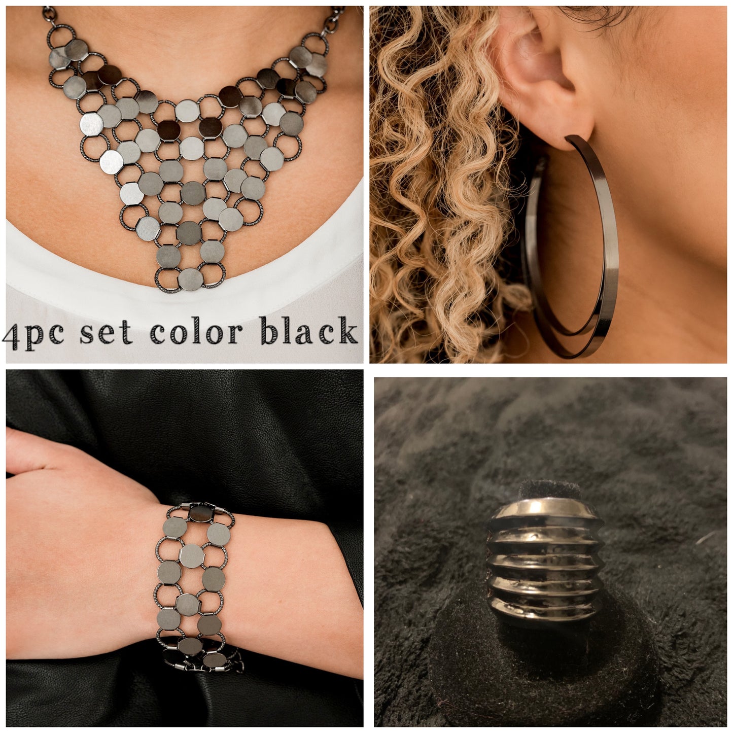 4pc set color black : necklace, earrings, ring and bracelet