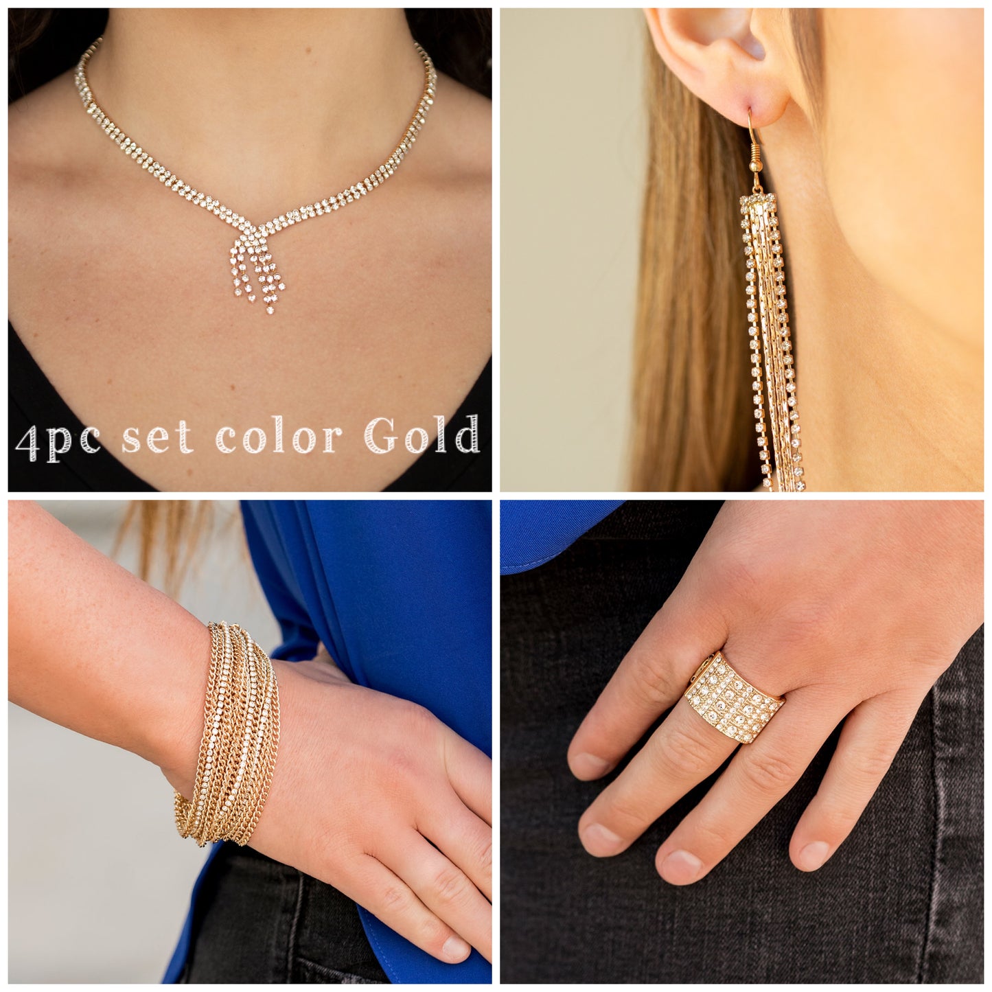 Paparazzi 4pc set color Gold with white rhinestones; includes: necklace, bracelet, earrings and ring