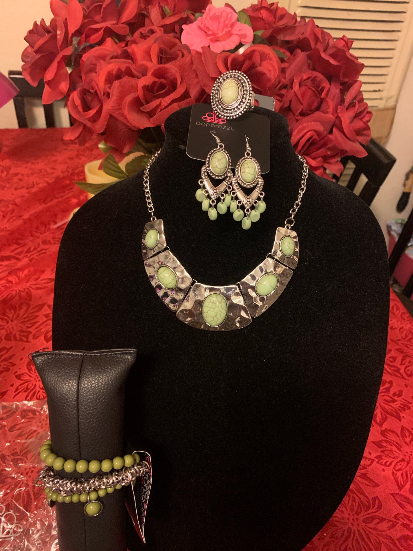 4pc set color Green; includes: necklace, bracelet, earrings and ring