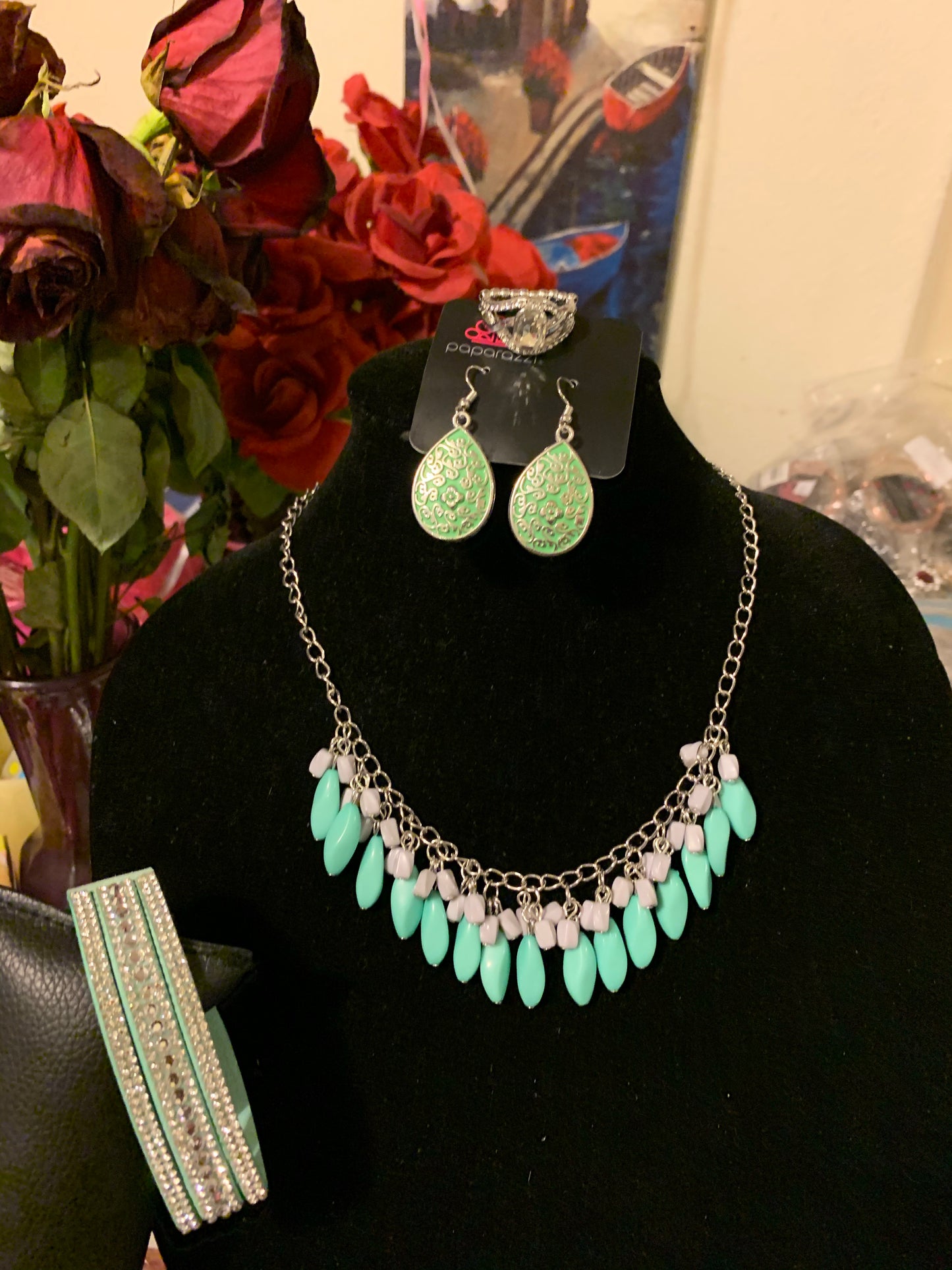 4pc set color Green; includes: necklace, bracelet, earrings and ring