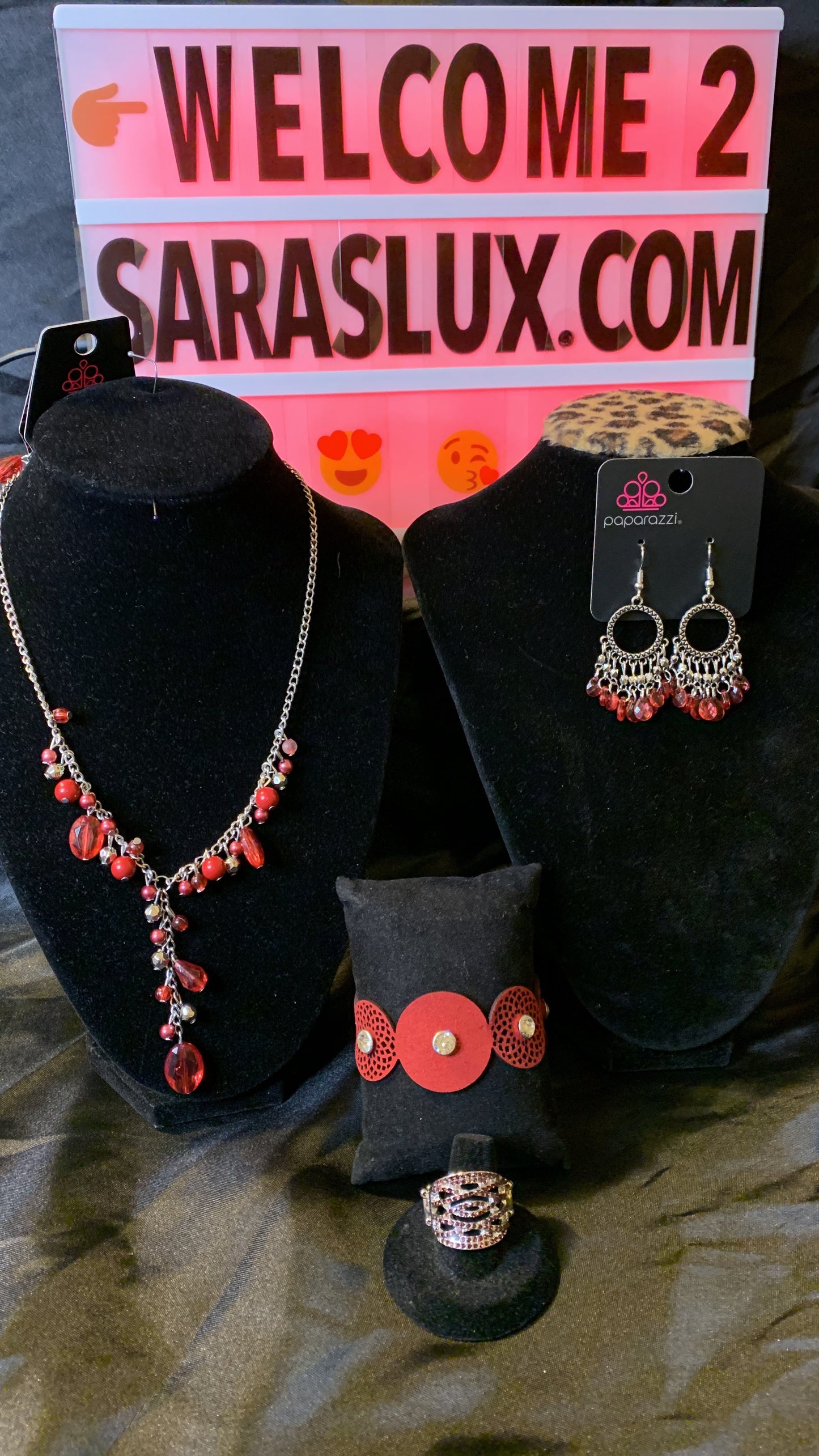 4pc set color red; includes: necklace, bracelet, earrings and ring