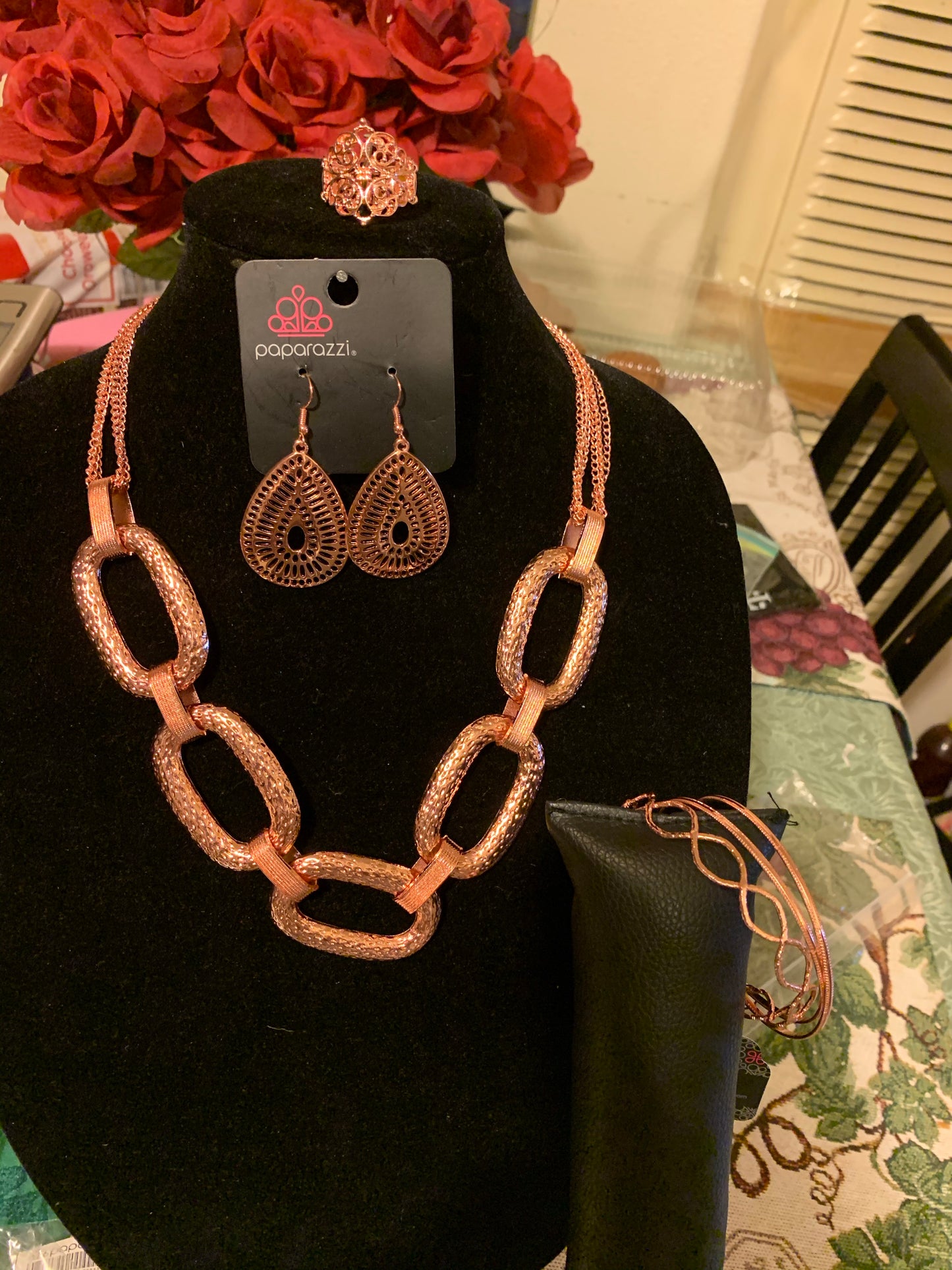 4pc set color copper: necklace, earrings, ring and bracelet