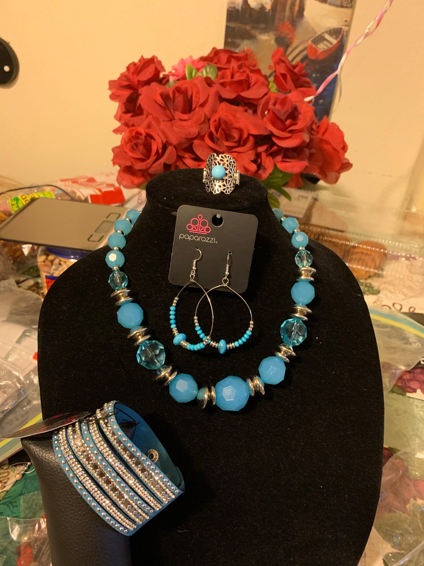 Paparazzi 4pc set color blue necklace, bracelet, earrings and ring