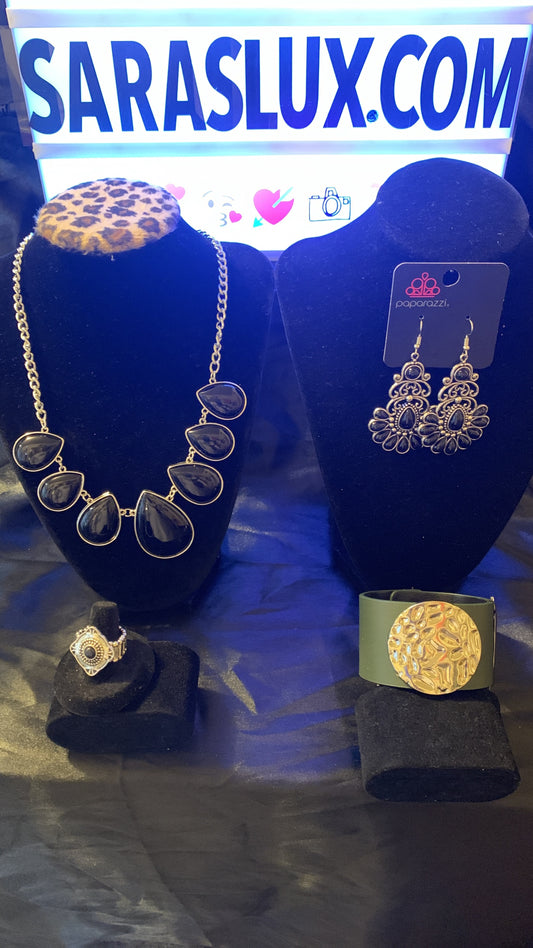 4pc set color black : necklace, earrings, ring and bracelet