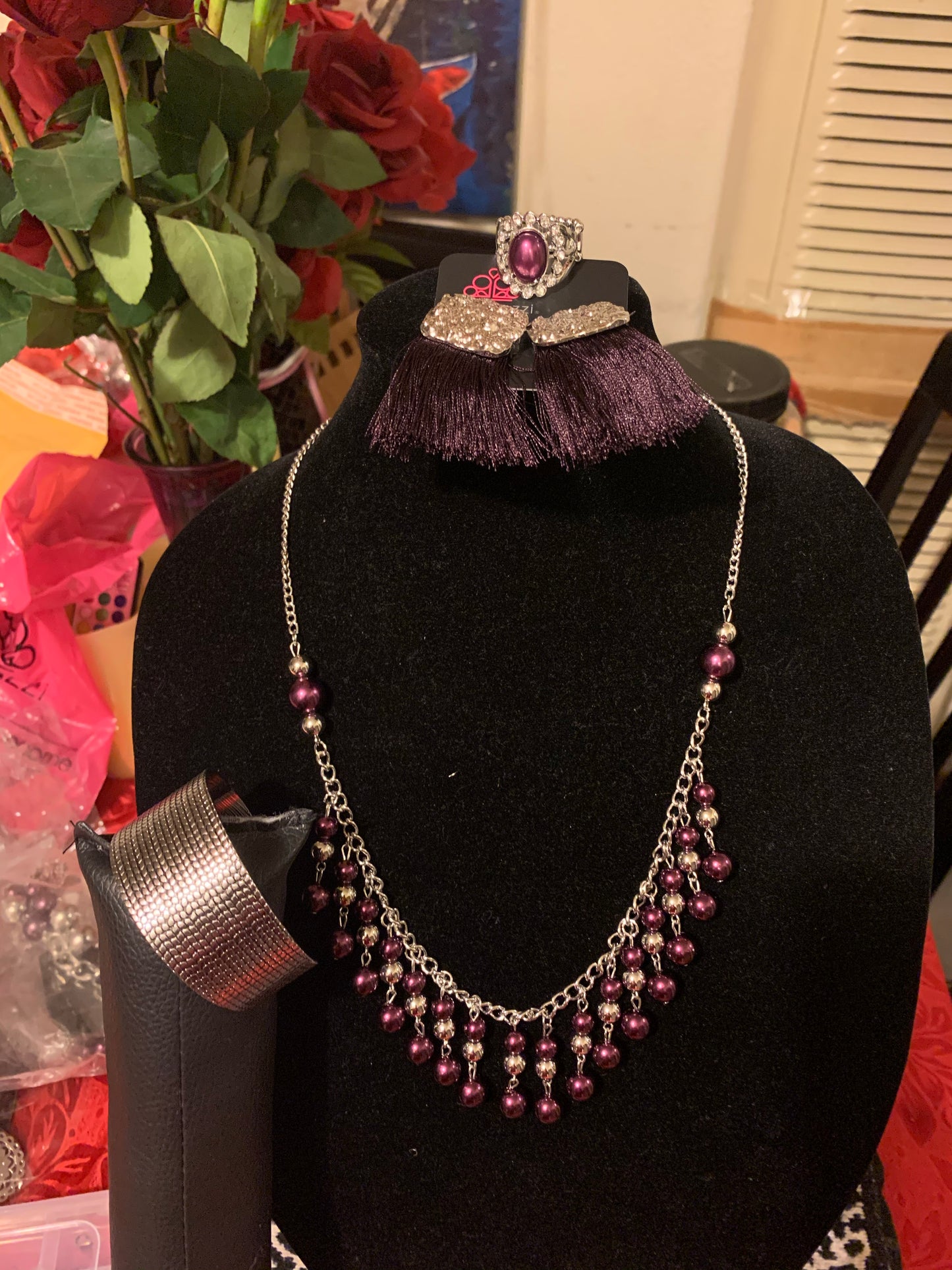 4pc set color purple necklace, earrings, ring and bracelet