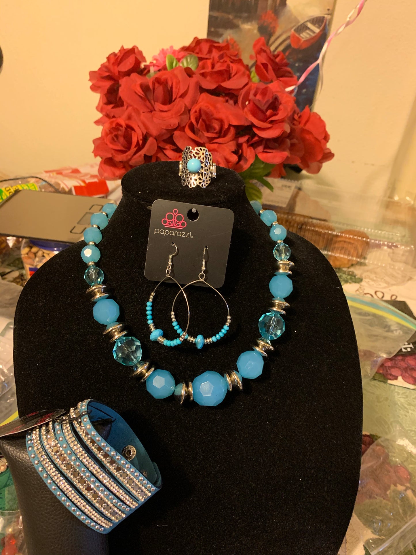 Paparazzi 4pc set color blue necklace, bracelet, earrings and ring