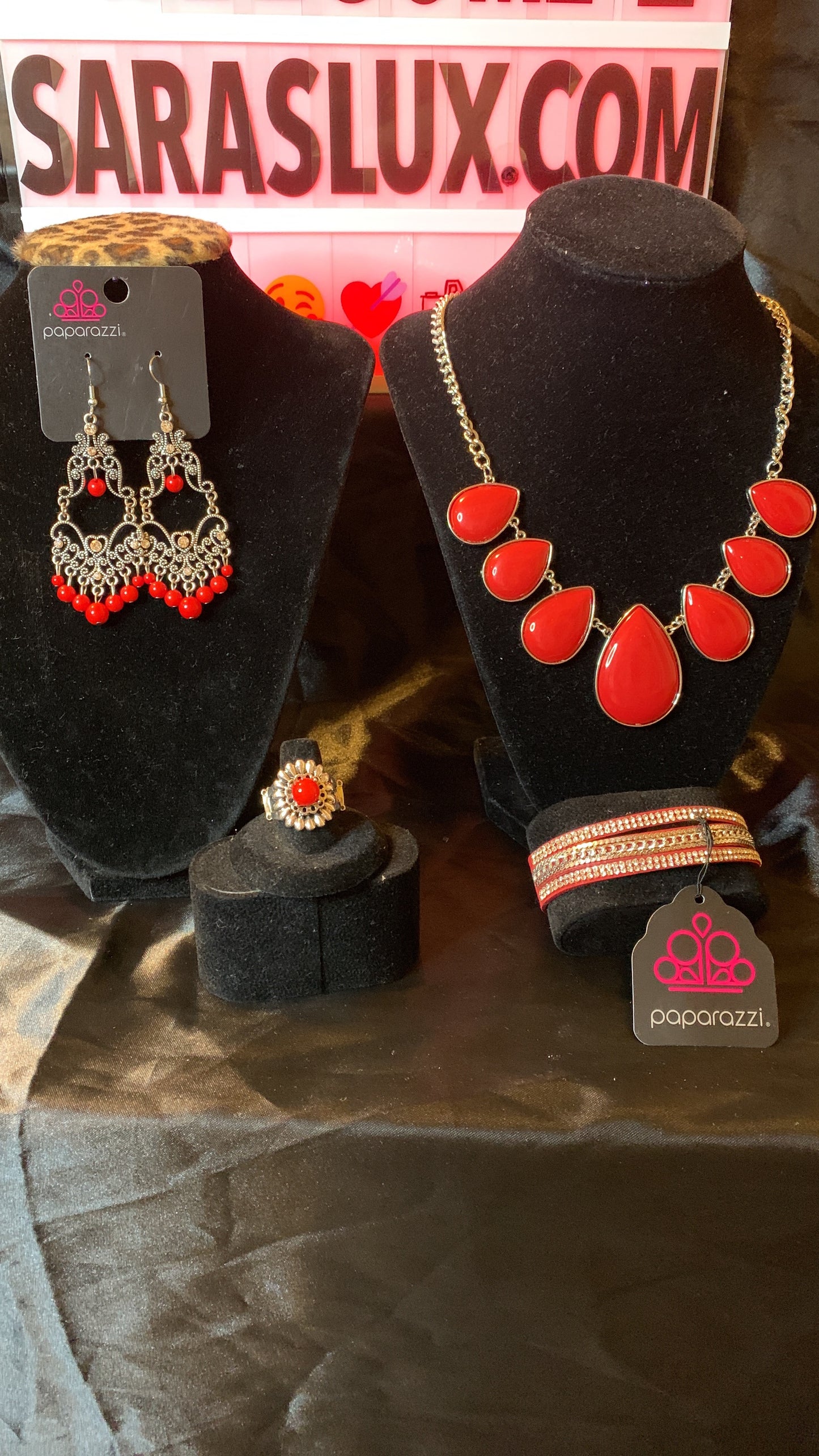 Paparazzi 4pc set color red; includes: necklace, bracelet, earrings and ring