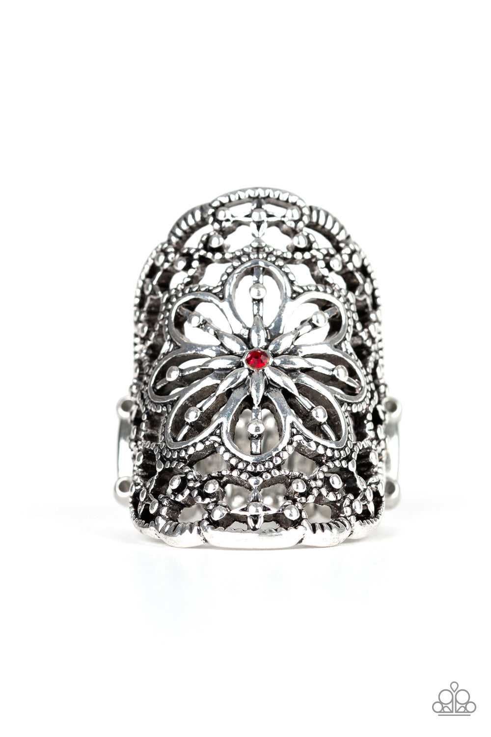 Ladies ring color silver with a red stone