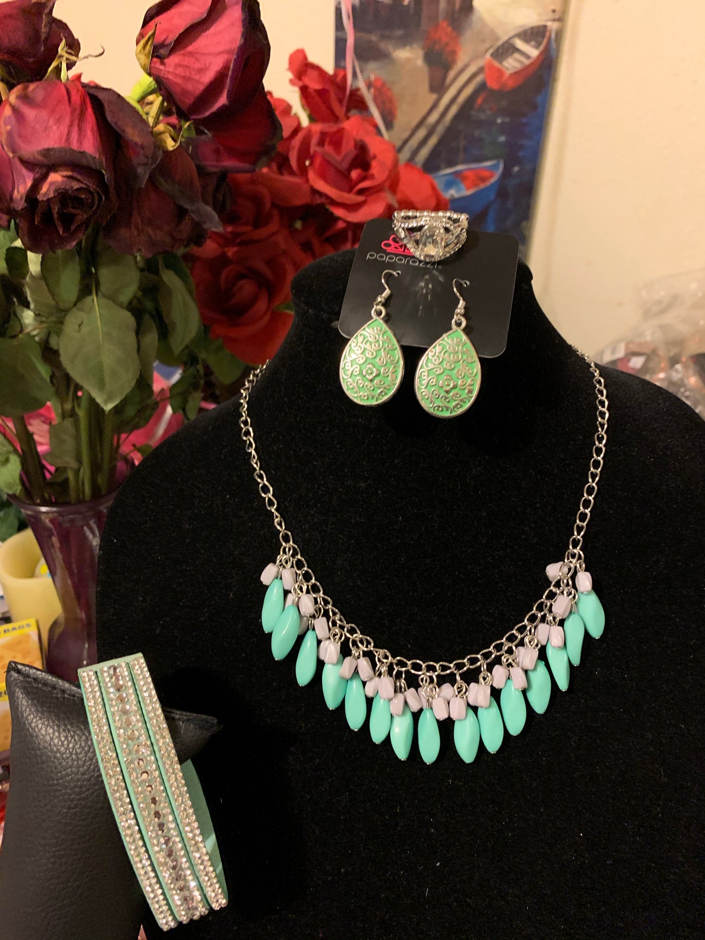 4pc set color Green; includes: necklace, bracelet, earrings and ring